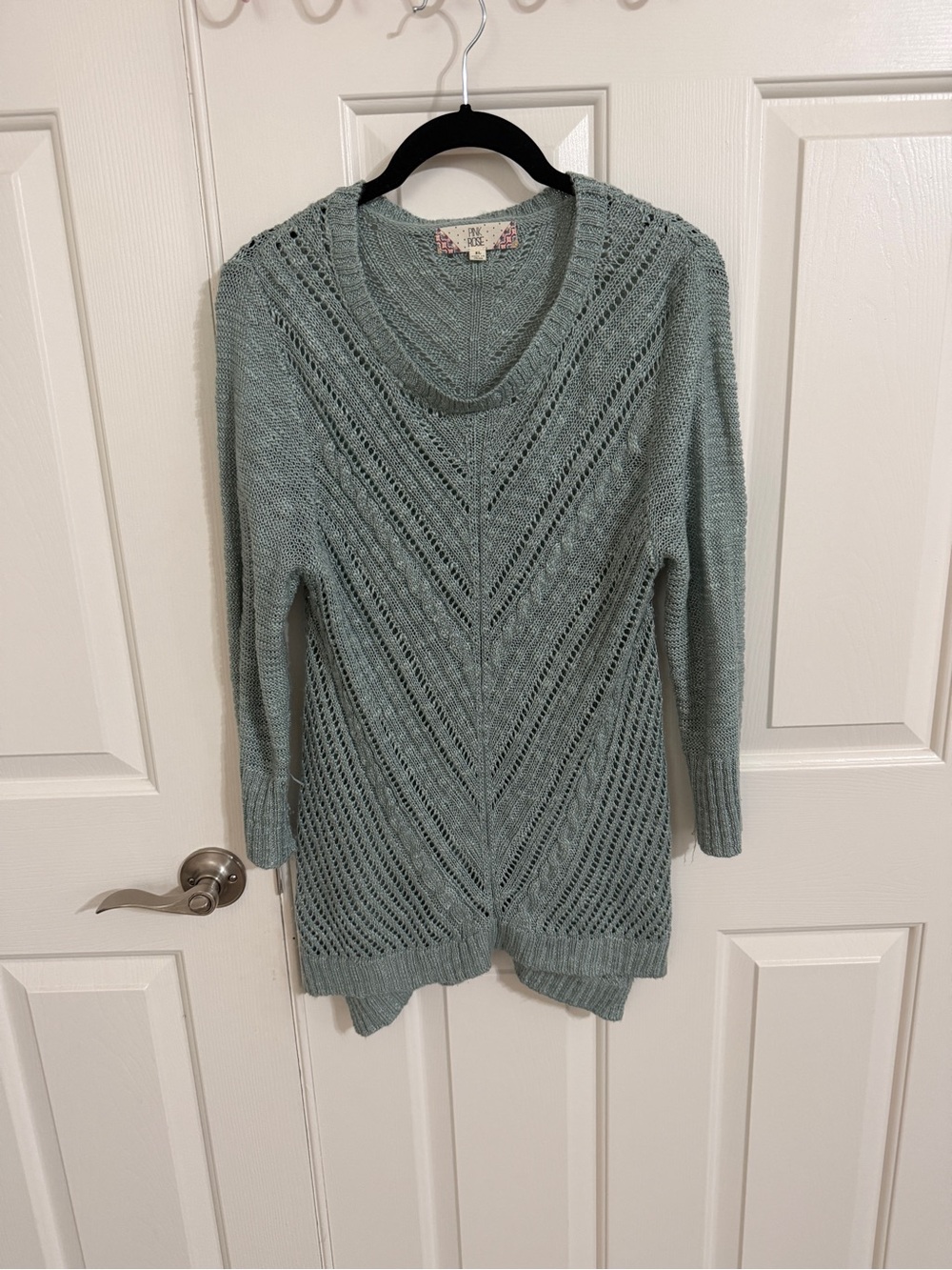 Pink Rose Sage Green Chevron Pointelle Knit Sweater XL Scoop Neck High Low Hem